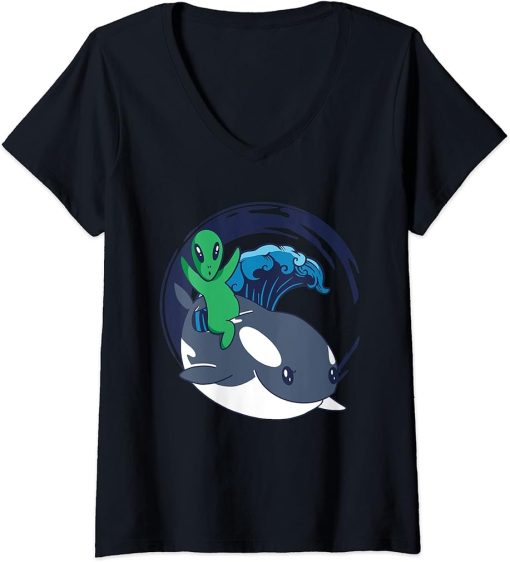 Womens Alien Orca Whale Extraterrestrials - Funny Alien Orca V-Neck T-Shirt