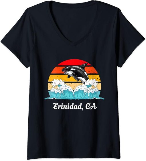 Womens Trinidad CA Vintage Distressed Orca Killer Whale Art V-Neck T-Shirt