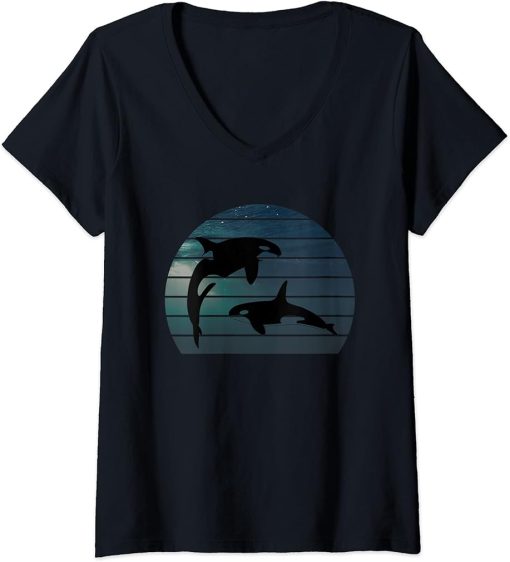 Womens Retro vintage sunset killer whales orca whale blue ocean V-Neck T-Shirt